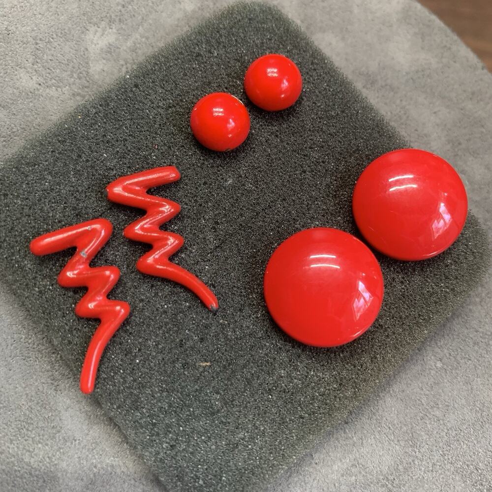 Vintage Red Enamel Metal Earrings Button & Zig Zag, 3 Set Lot Pierced Ear.